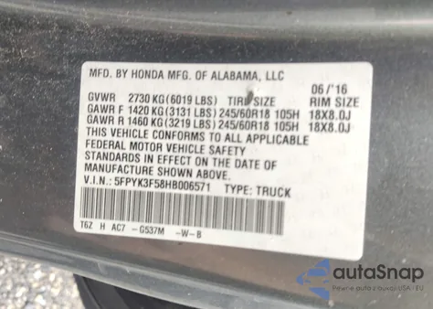 2017 Honda Ridgeline Rtl z USA, uszkodzony, nr VIN 5FPYK3F58HB006571